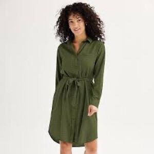SONOMA Olive Green Button up Belted shirt dress long sleeve collared pocket.